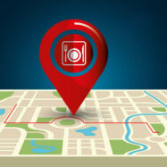 Red location pin with a restaurant icon on a city map