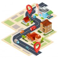 Isometric neighborhood map with location pins on homes and businesses