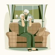 Illustration of an older couple using a tablet together on a sofa