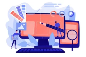 Illustration of designers building a website on a large monitor
