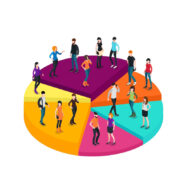 Illustration of people standing on a colorful pie chart, representing audience segments