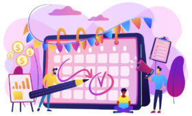 Illustration of a team planning marketing campaigns on a large calendar