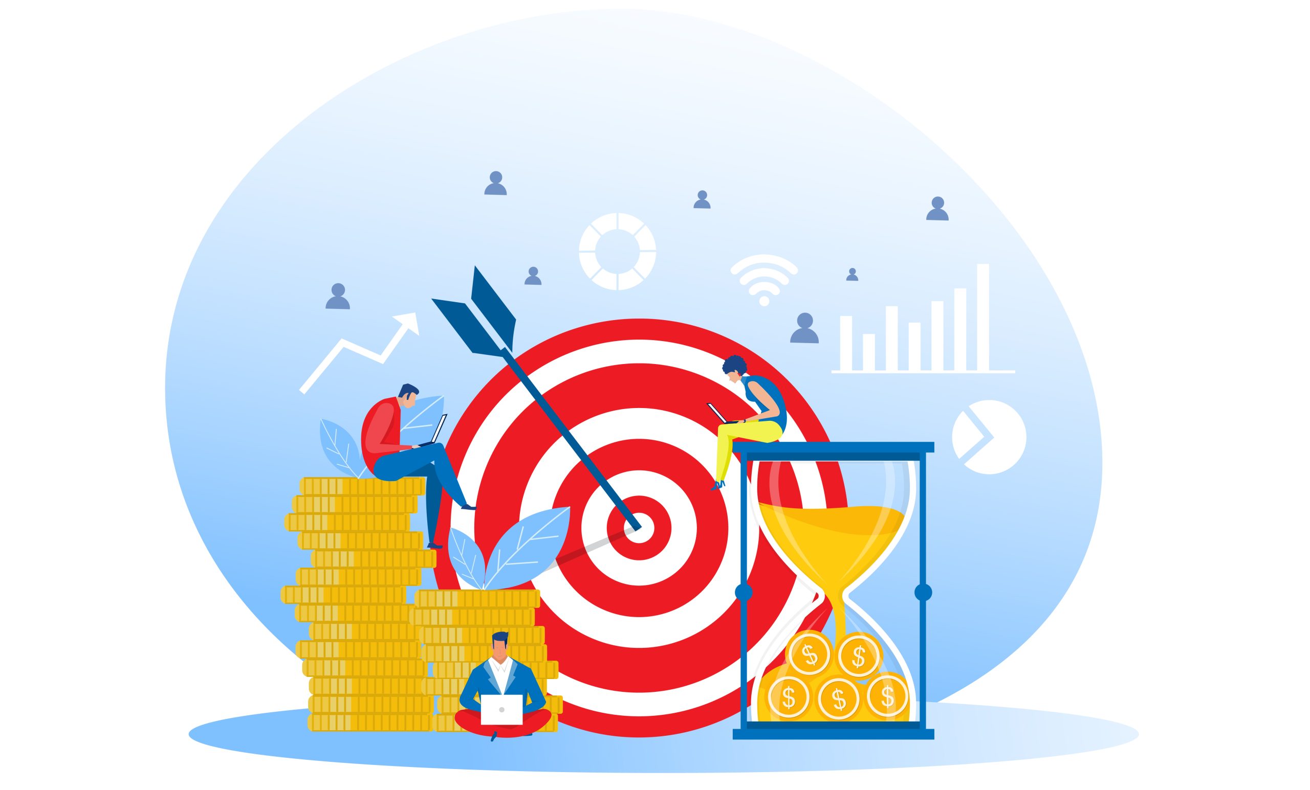 Illustration of a target with an arrow in the bullseye, coins and an hourglass