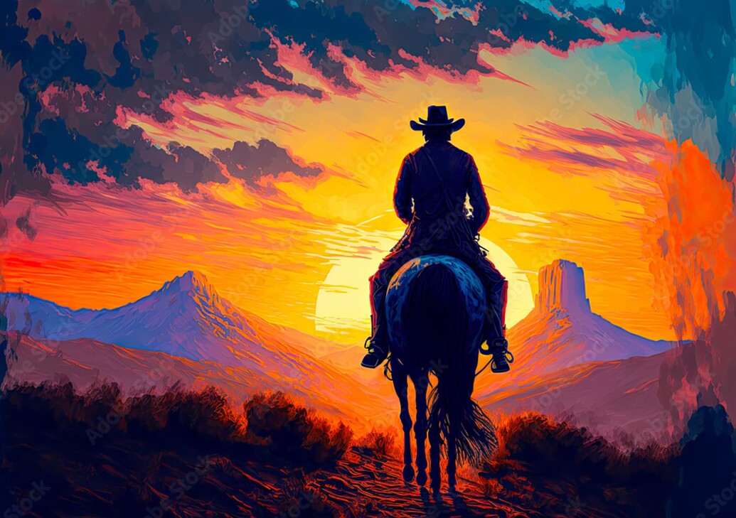 Painting of a cowboy riding into a desert sunset
