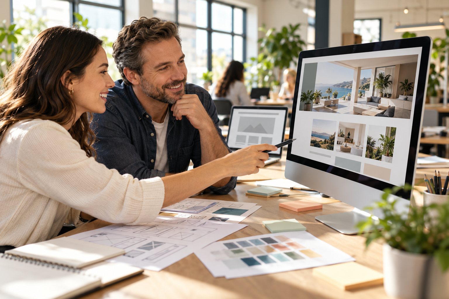 Web designer and business owner reviewing a custom website design, with wireframes and color swatches on the desk