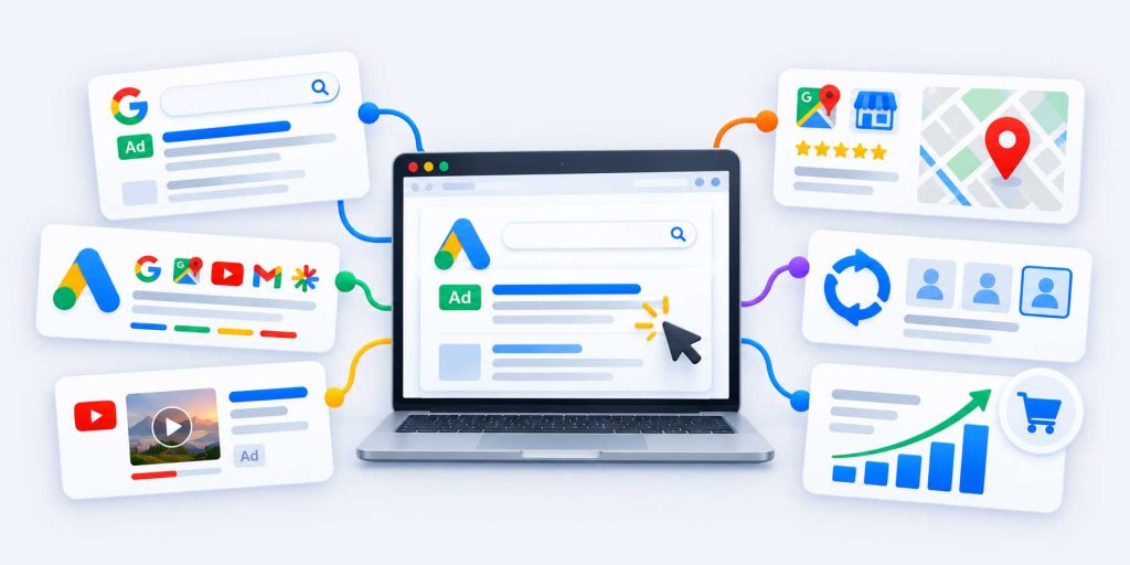 Illustration of a Google Ads account dashboard with search, shopping, video and conversion reports