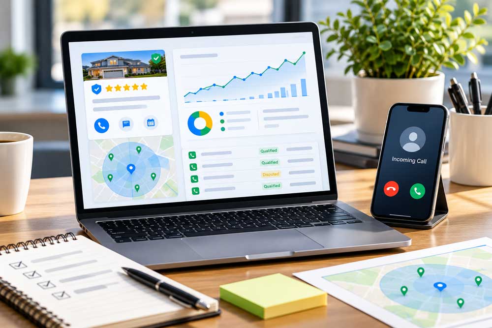 Laptop and phone showing a Local Services Ads profile, map and incoming lead call