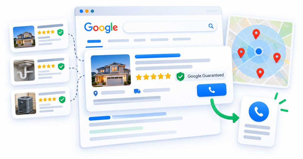 Illustration of Local Services Ads results with reviews, a verified badge and a call button