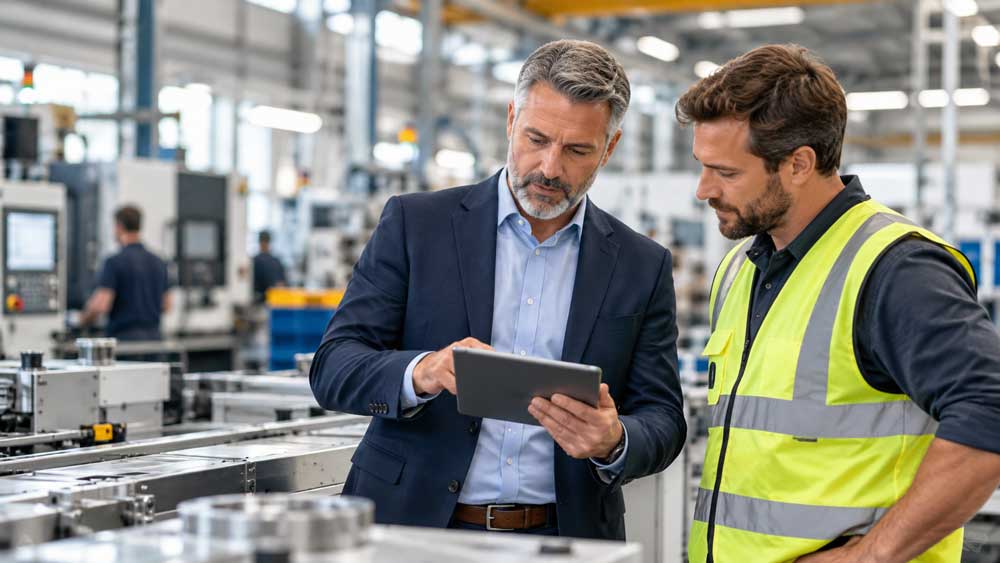 Manager and engineer reviewing a tablet on a manufacturing floor