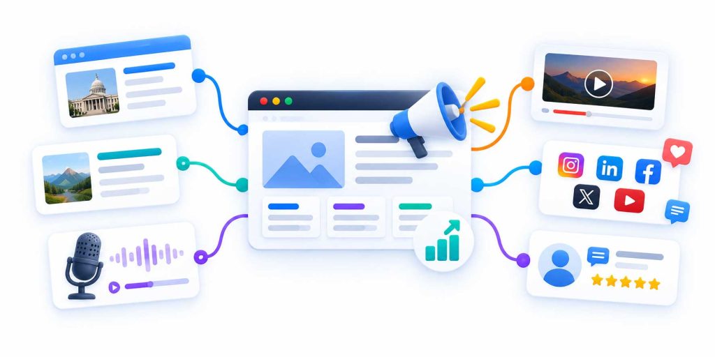 Illustration of a news release reaching publications, podcasts and social media