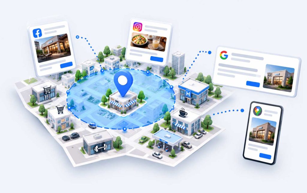 Illustration of a geofenced area on a city map with targeted ads on a phone