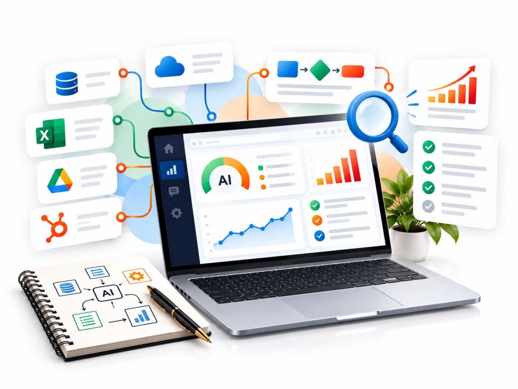 Illustration of an AI analytics dashboard on a laptop connected to business data sources