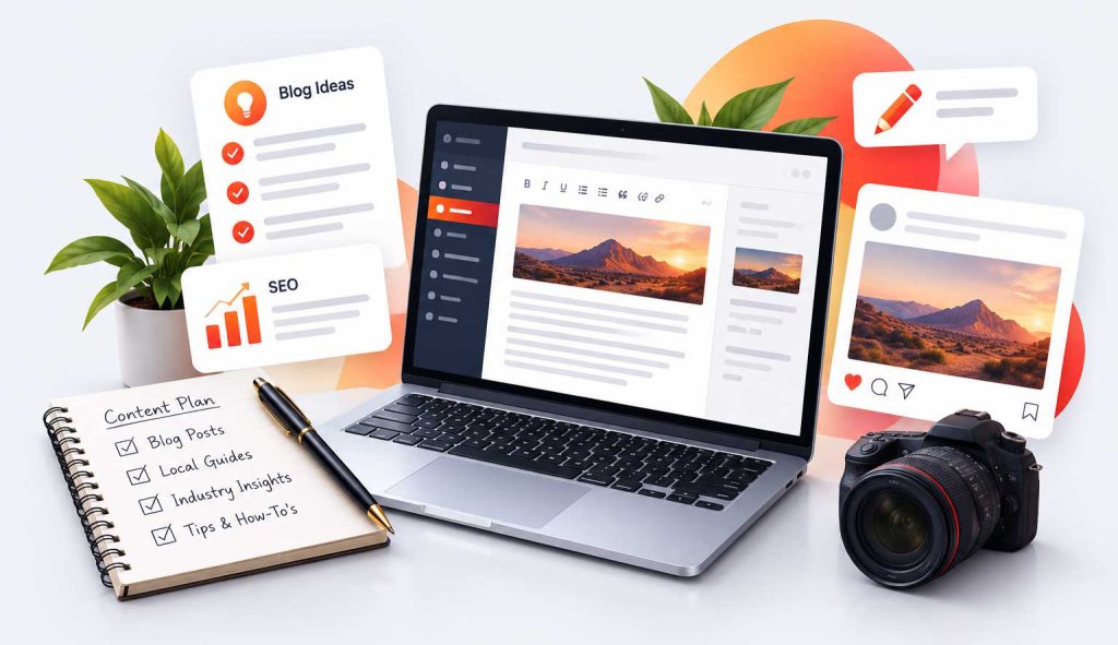 Content marketing workspace with a blog editor on a laptop and a content plan notebook