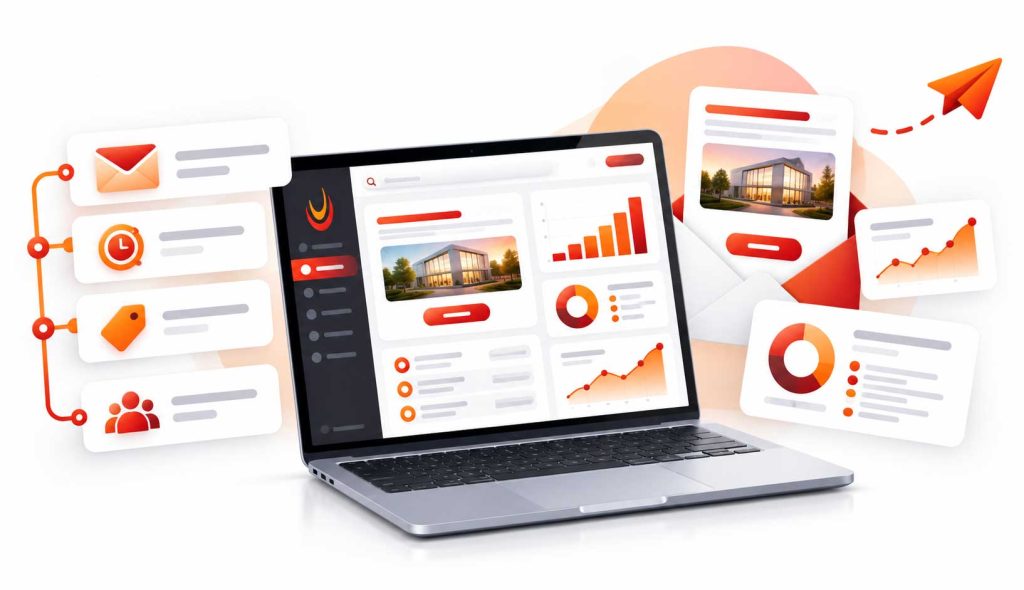 Illustration of an email marketing dashboard with campaign results and automations