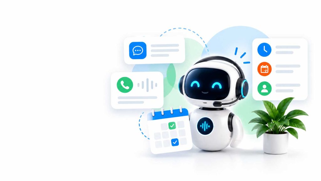 Illustration of a friendly AI assistant handling chat, calls and appointment scheduling