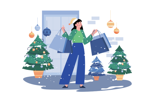 Illustration of a holiday shopper carrying gift bags after buying online