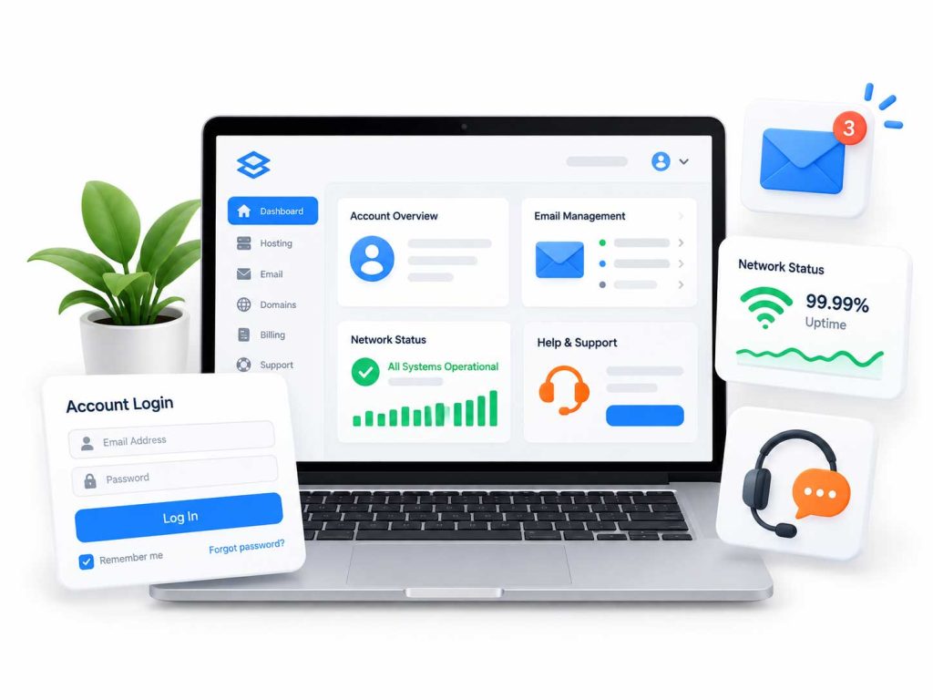 Illustration of a hosting account dashboard showing uptime, email and support