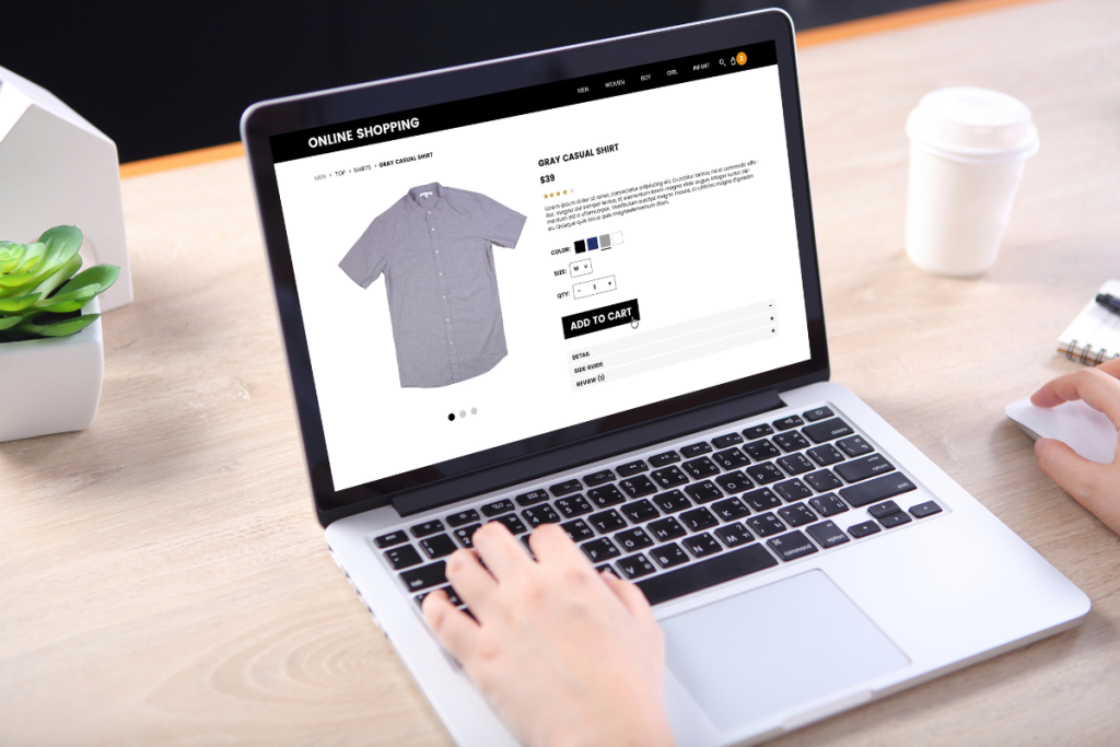 Online store product page with price, size options and an Add to Cart button on a laptop