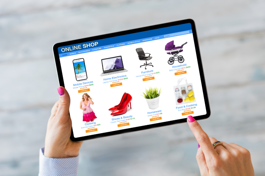 Tablet showing an online shop homepage with product categories and navigation