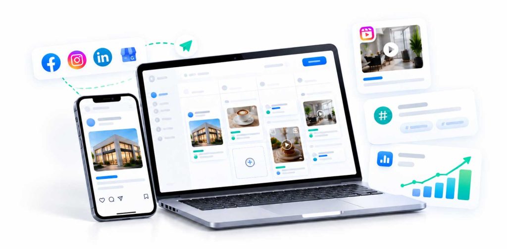 Illustration of social media posts and analytics on a laptop and phone