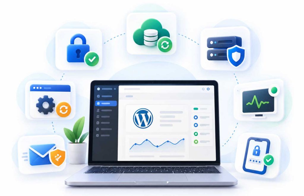 Illustration of a WordPress hosting dashboard with security, backup and monitoring icons