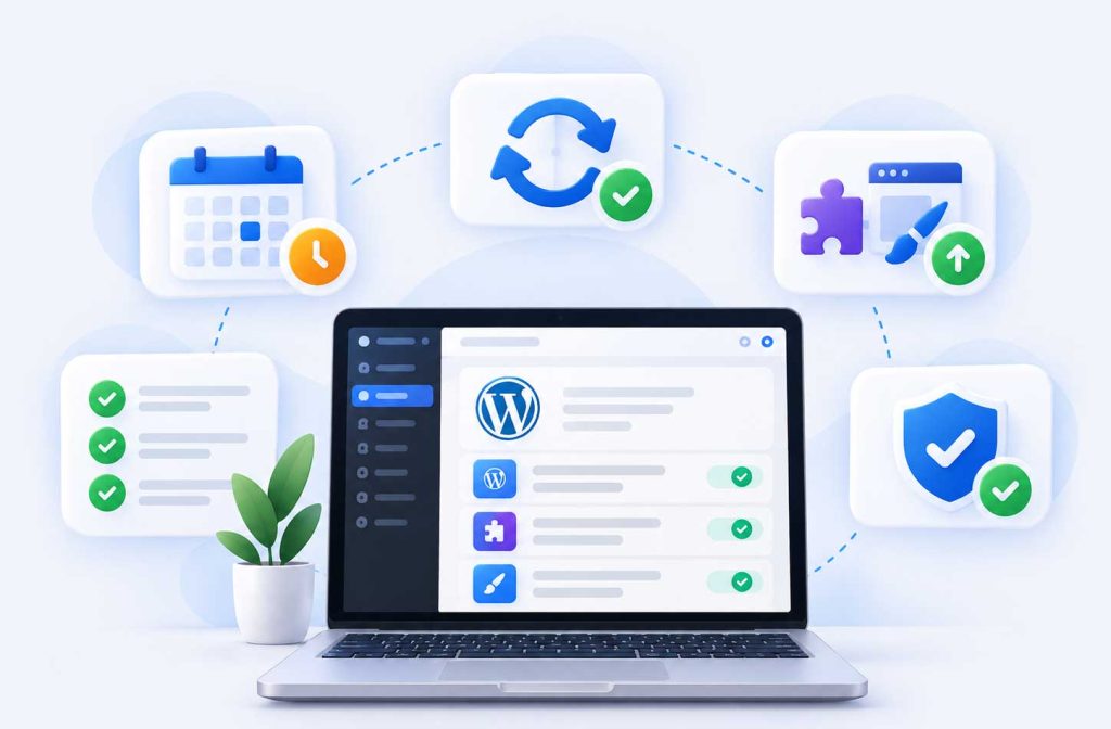 Illustration of a WordPress maintenance dashboard with updates, backups and security checks