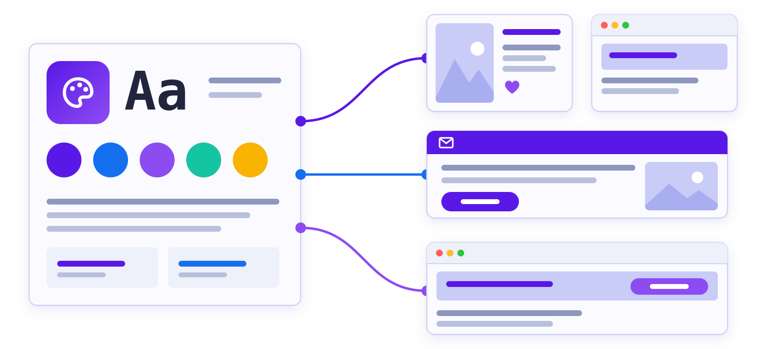 Illustration of a brand kit with logo, colors and type appli Illustration of a brand kit with logo, colors and type applied consistently to ads, emails and web pages