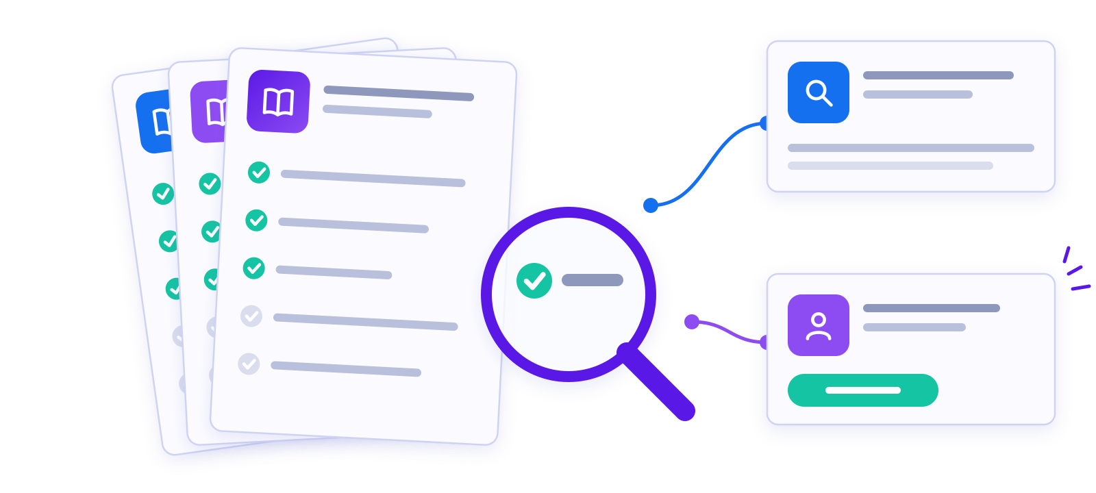 Illustration of marketing guides with checklists and a magni Illustration of marketing guides with checklists and a magnifying glass