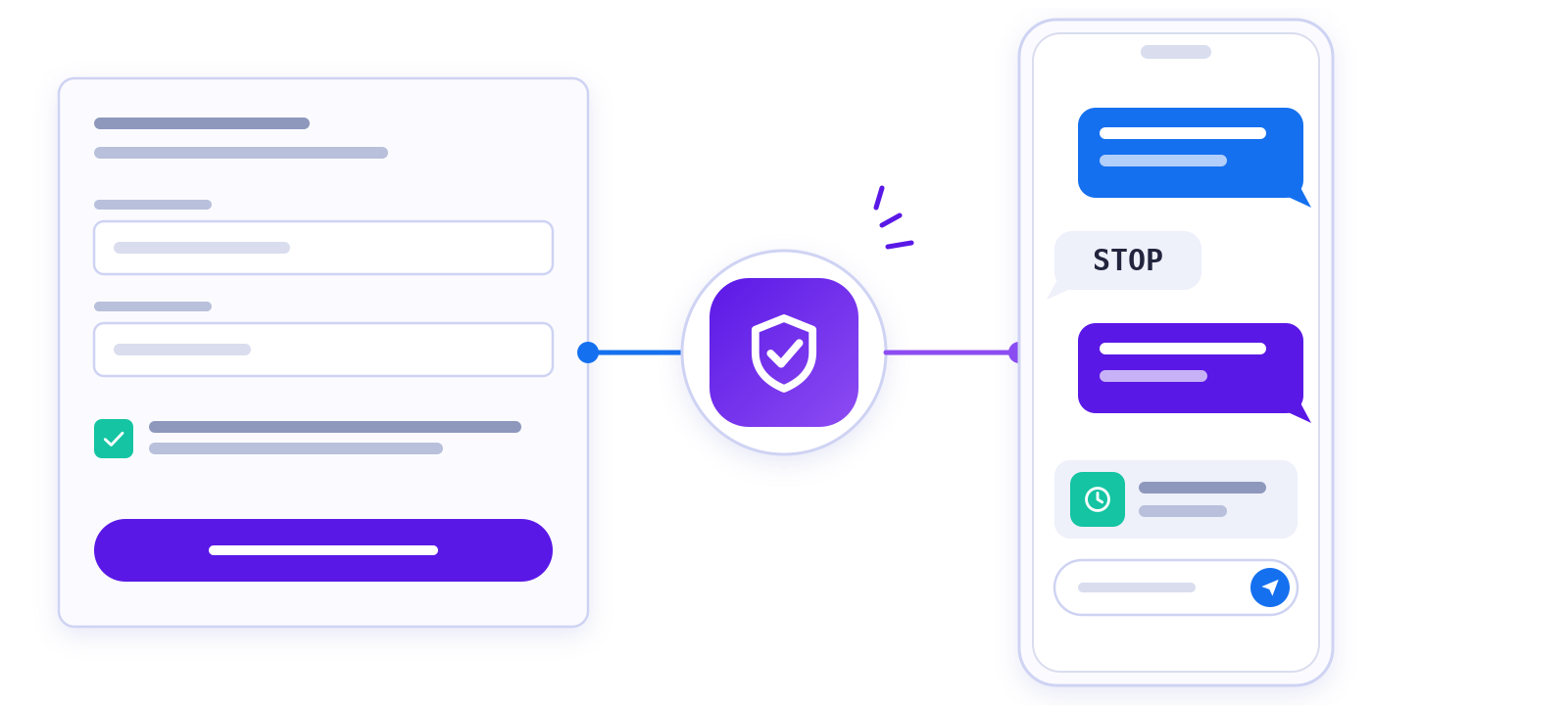 Illustration of an SMS opt-in form, a compliance shield and Illustration of an SMS opt-in form, a compliance shield and a STOP opt-out reply