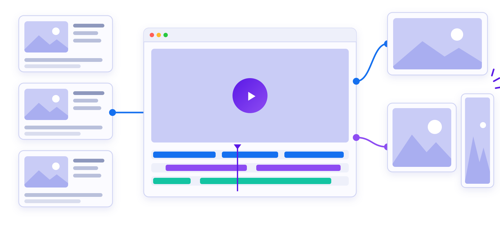 Illustration of the video process from storyboard to editing Illustration of the video process from storyboard to editing timeline to versions sized for each platform